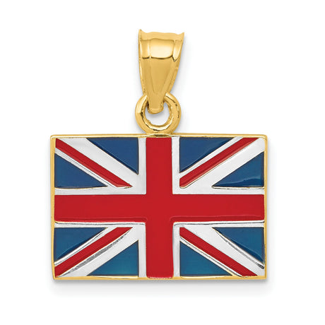 14k Yellow and Rhodium Gold Union Jack Flag Pendant, Red White Blue Enamel, British Pride Charm