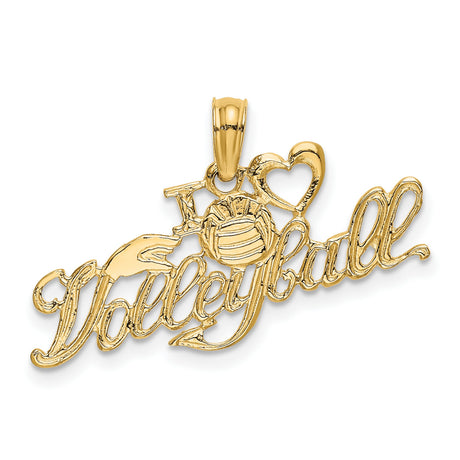 14k Yellow Gold Volleyball Pendant with Heart and Hand Design, I Love Volleyball Charm
