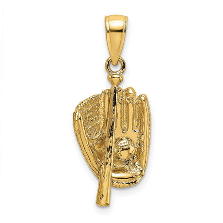 14k Yellow Gold Baseball Glove Pendant with Bat and Ball, Sports Charm for Fans and Collectors