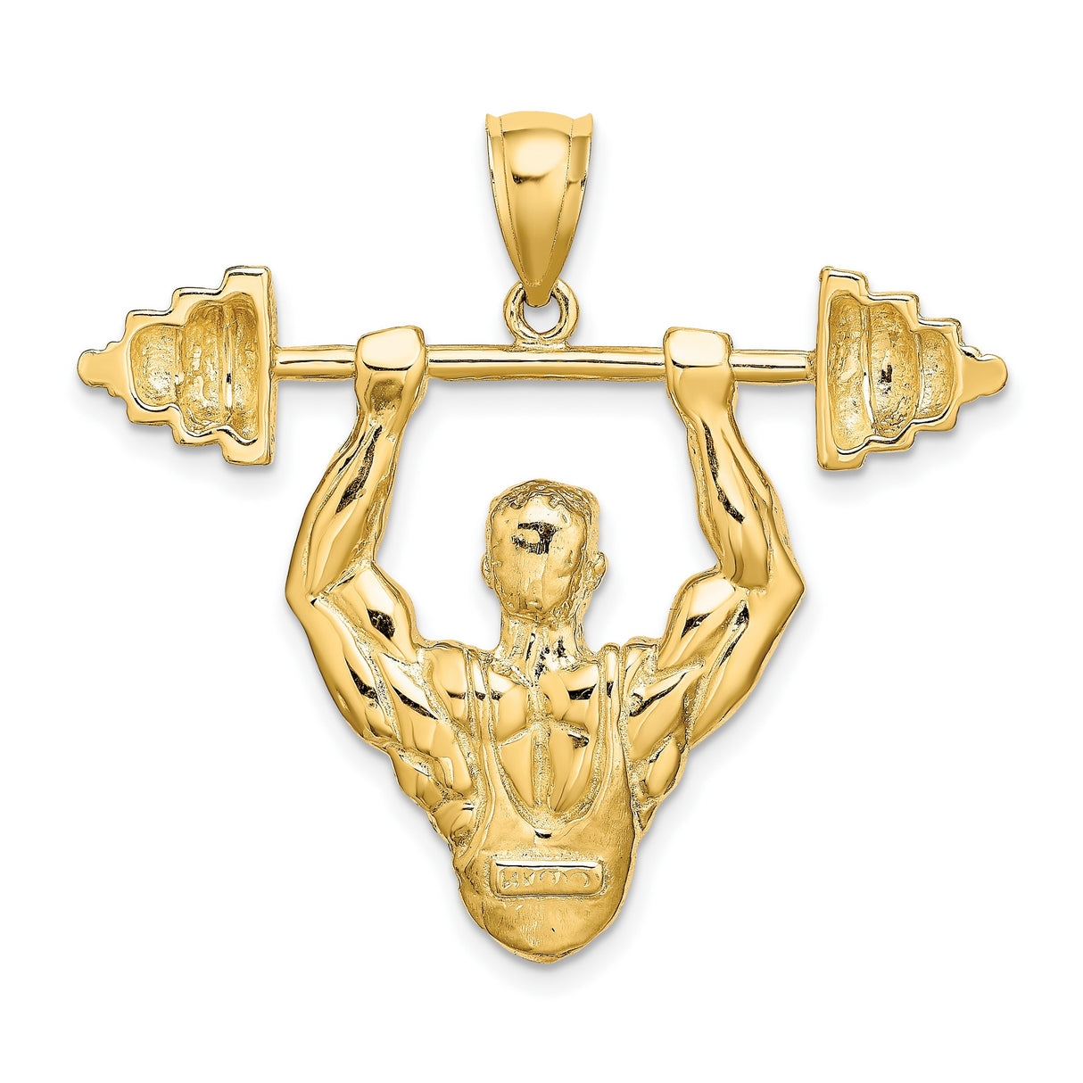 14k Yellow Gold Weightlifter Pendant Featuring Muscular Man Lifting Barbell, Fitness Charm for Men