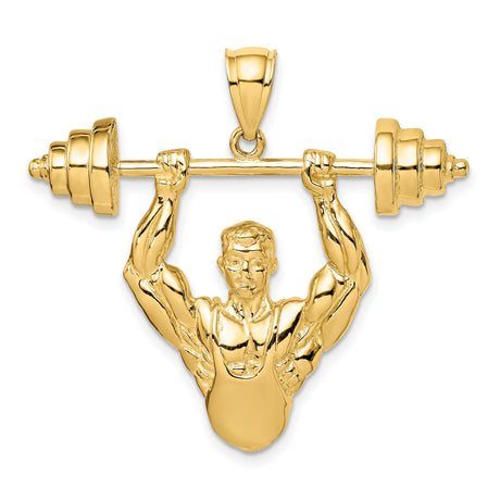 14k Yellow Gold Weightlifter Pendant Featuring Muscular Man Lifting Barbell, Fitness Charm for Men