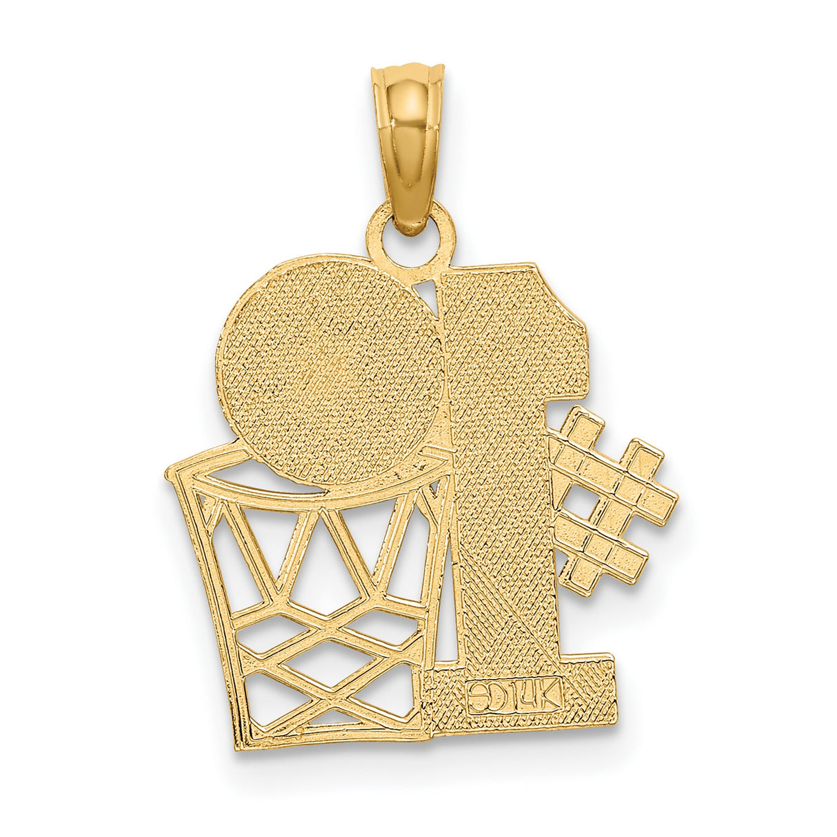 14k Yellow Gold Basketball Pendant with Number One Symbol, Hoop and Ball Design