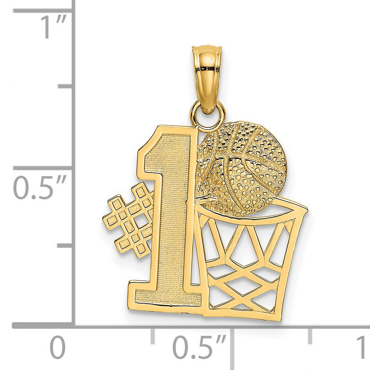 14k Yellow Gold Basketball Pendant with Number One Symbol, Hoop and Ball Design