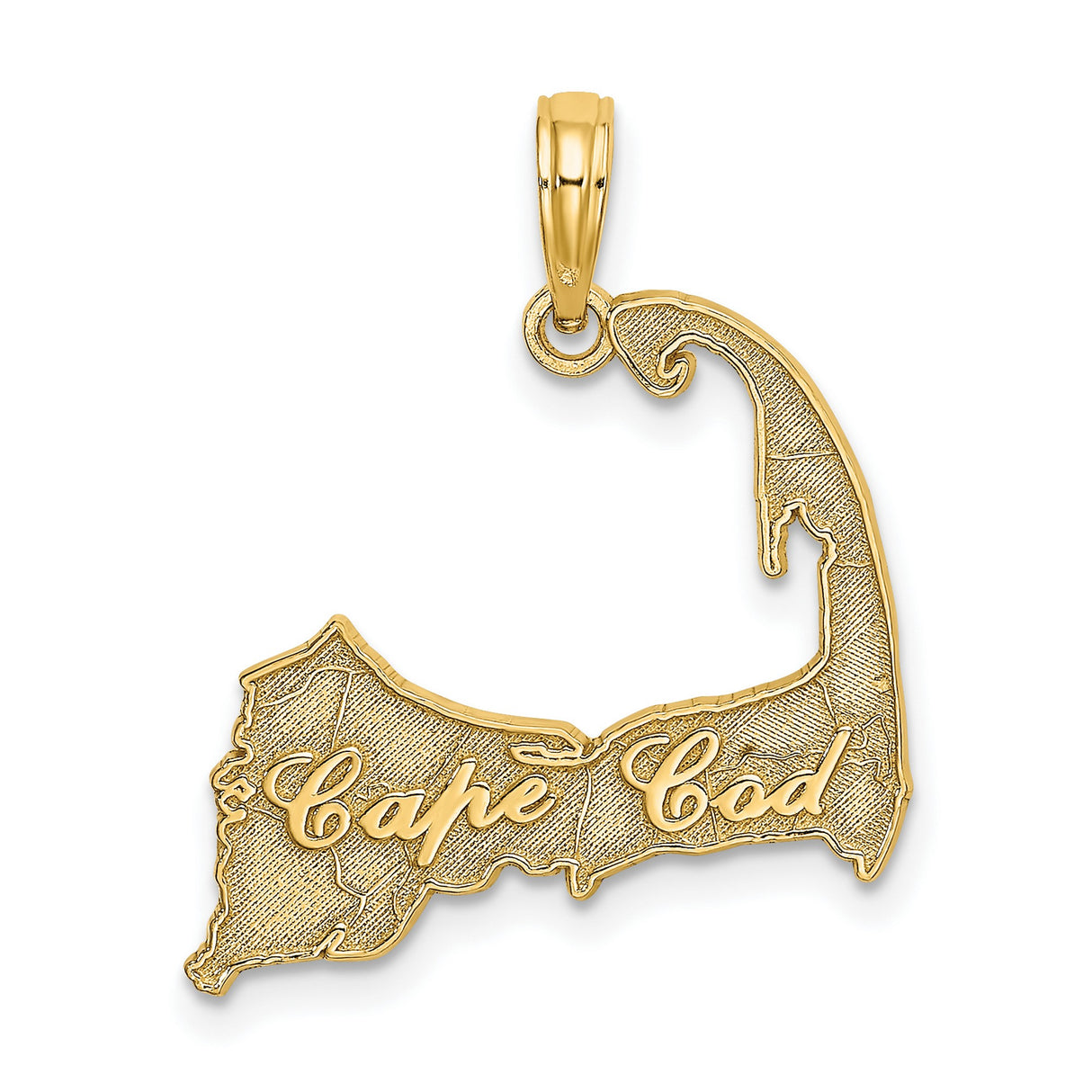14k Yellow Gold Cape Cod Pendant with Script Engraving, Massachusetts Map Outline Souvenir