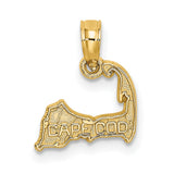 14k Yellow Gold Cape Cod Pendant with Textured Massachusetts Map Outline, Nautical Travel Charm