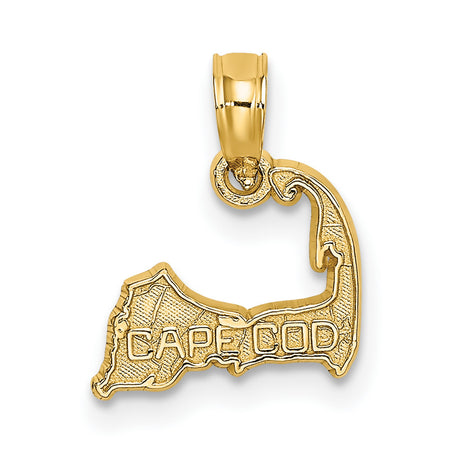 14k Yellow Gold Cape Cod Pendant with Textured Massachusetts Map Outline, Nautical Travel Charm