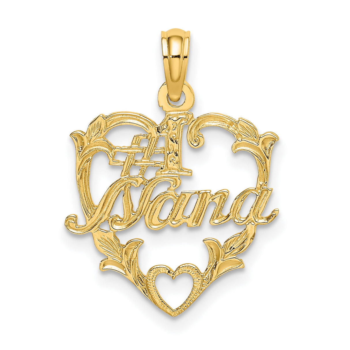 #1 Nana Words On Open Heart With Flowers Charm Pendant in Real 14k Yellow Gold