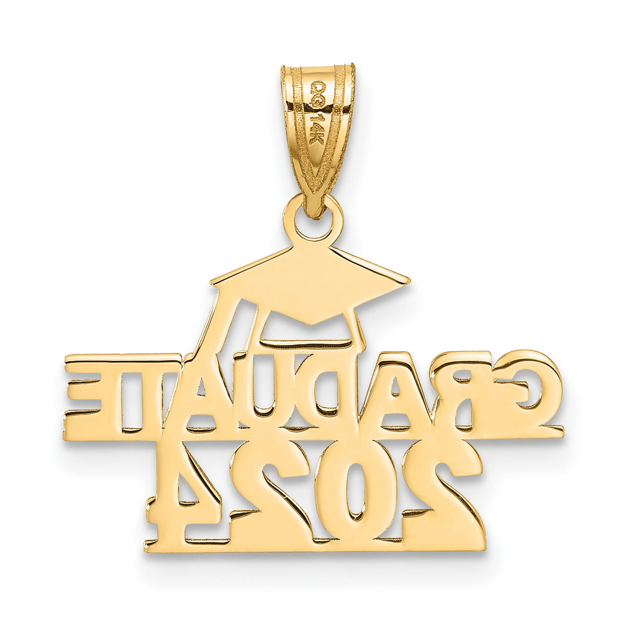 Polished GRADUATE 2024 Under Cap Charm Pendant in Real 14k Yellow Gold