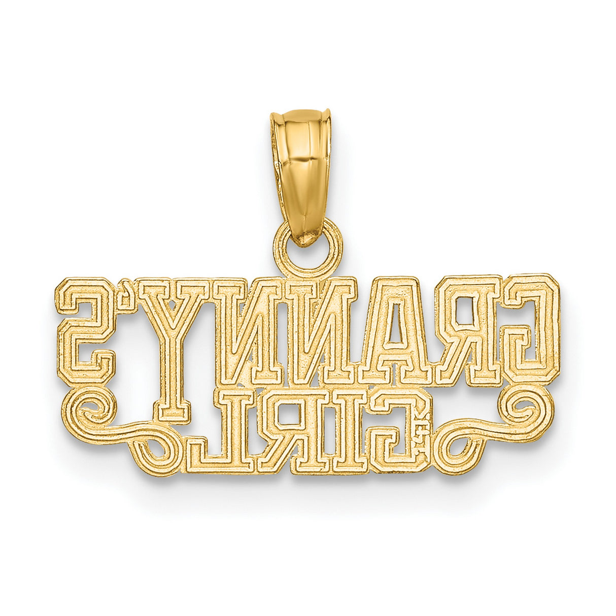 14k Yellow Gold Grannys Girl Pendant with Flourish Design and Bold Block Lettering
