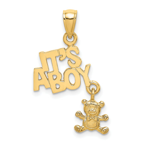 14k Yellow Gold Baby Boy Pendant with Dangling Teddy Bear Charm, Its a Boy Design