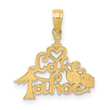 14k Yellow Gold Tahoe Pendant with Heart, Pine Tree, Dice and Cursive Lettering