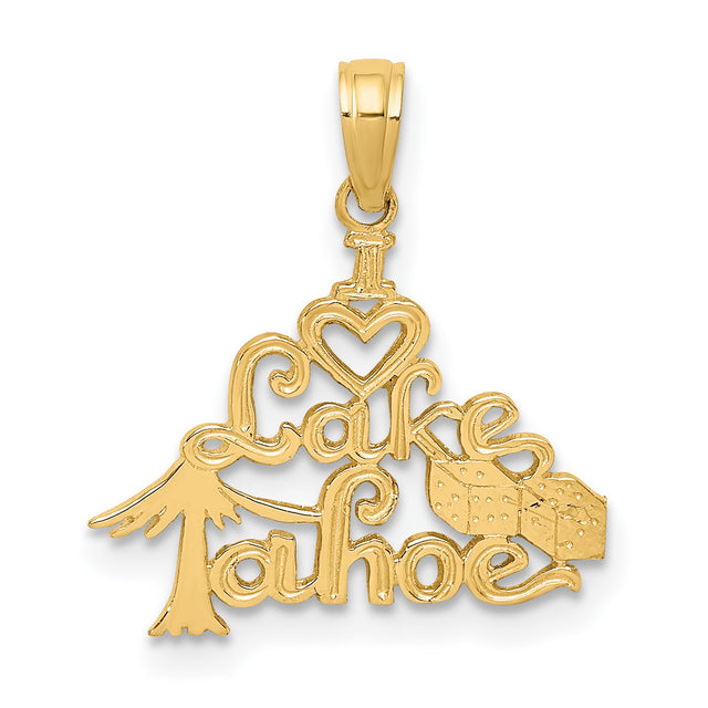 14k Yellow Gold Tahoe Pendant with Heart, Pine Tree, Dice and Cursive Lettering