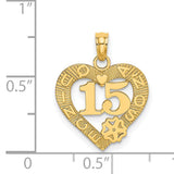 14k Yellow Gold Heart Pendant with 15 Años and Floral Motif for Quinceañera