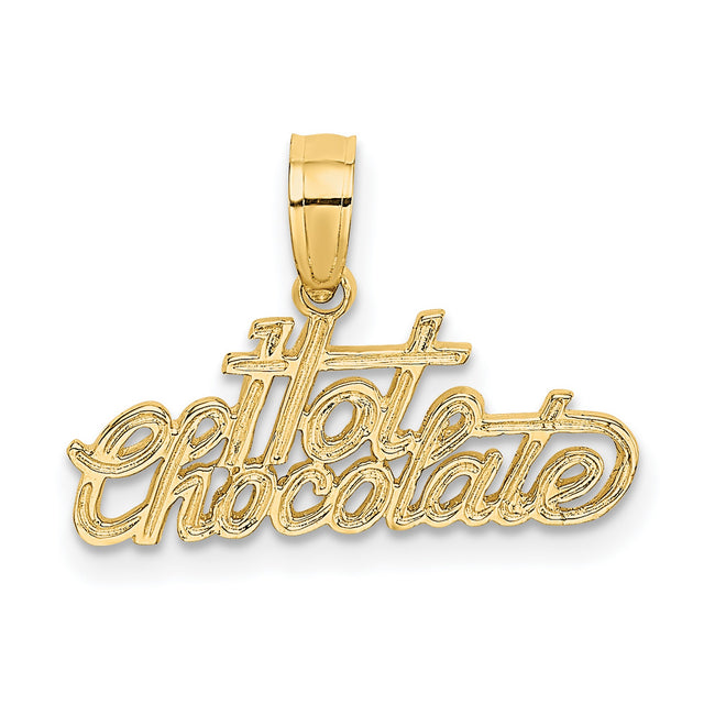 14k Yellow Gold Hot Chocolate Pendant, Cursive Script Food Charm for Women or Unisex Wear