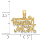 Baseball Mom Words With Bat And Ball Charm Pendant in Real 14k Yellow Gold