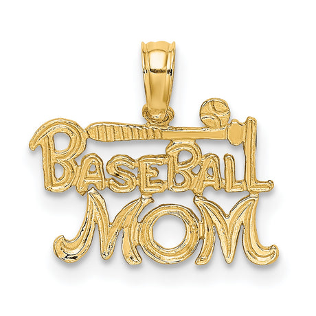 Baseball Mom Words With Bat And Ball Charm Pendant in Real 14k Yellow Gold