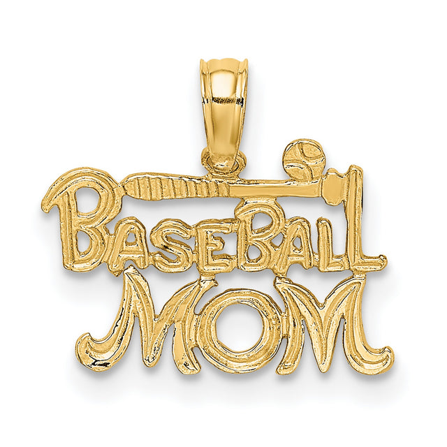 Baseball Mom Words With Bat And Ball Charm Pendant in Real 14k Yellow Gold