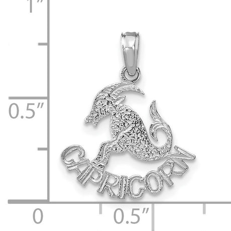 14k White Gold Capricorn Zodiac Pendant with Textured Sea-Goat Symbol and Bold Lettering