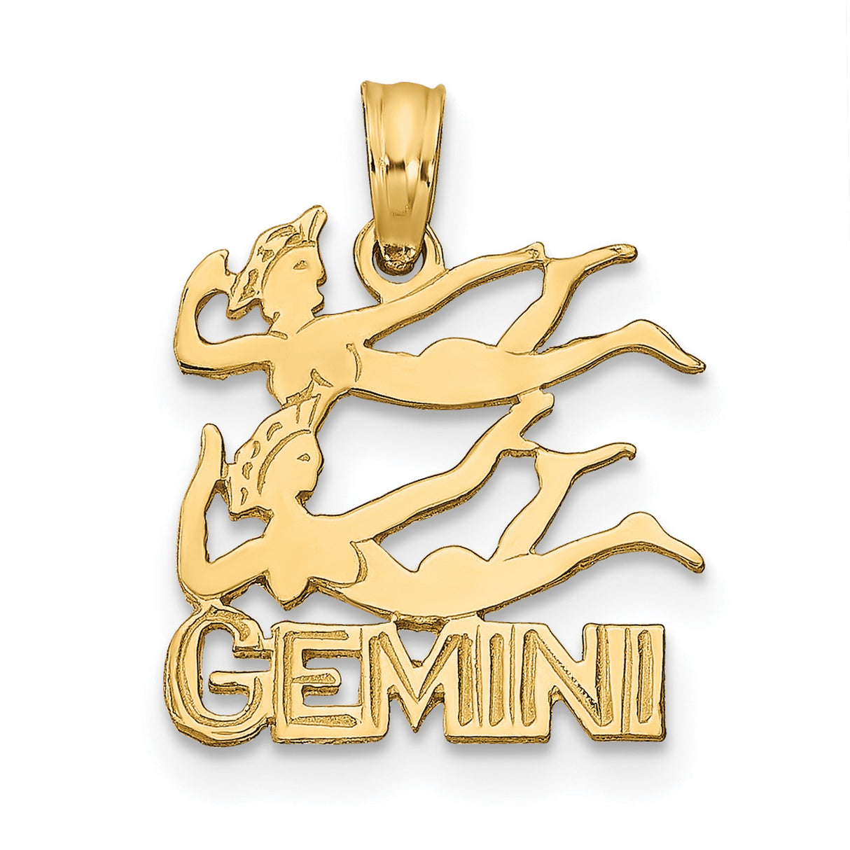 Gemini Word And Twin Swimming Females Zodiac Charm Pendant in Real 14k Yellow Gold