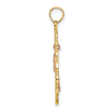 14k Two-Tone Gold Rose Pendant with Oval Filigree Frame, Floral Charm Design