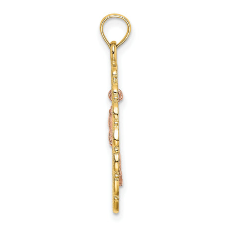 14k Two-Tone Gold Rose Pendant with Oval Filigree Frame, Floral Charm Design