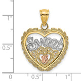 14k Two-Tone Gold Heart Pendant with Sweet 16 in White and Rose Gold, Scrollwork and Leaf Border