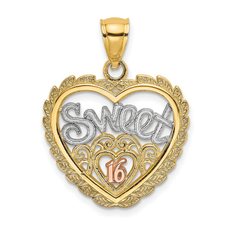 14k Two-Tone Gold Heart Pendant with Sweet 16 in White and Rose Gold, Scrollwork and Leaf Border