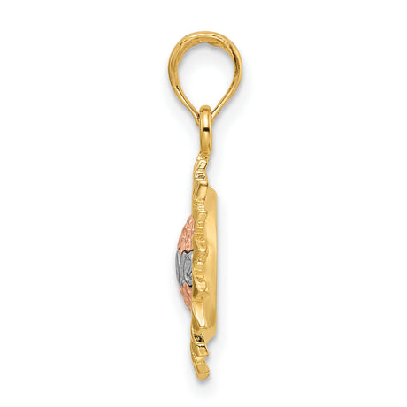 14k Tri-Color Gold Sunflower Pendant with Textured Rose Gold Center and Love Script