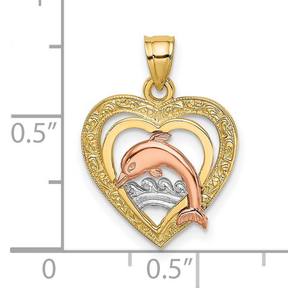 14k Two-Tone Gold Dolphin Pendant with Heart and Ocean Wave Design for Women