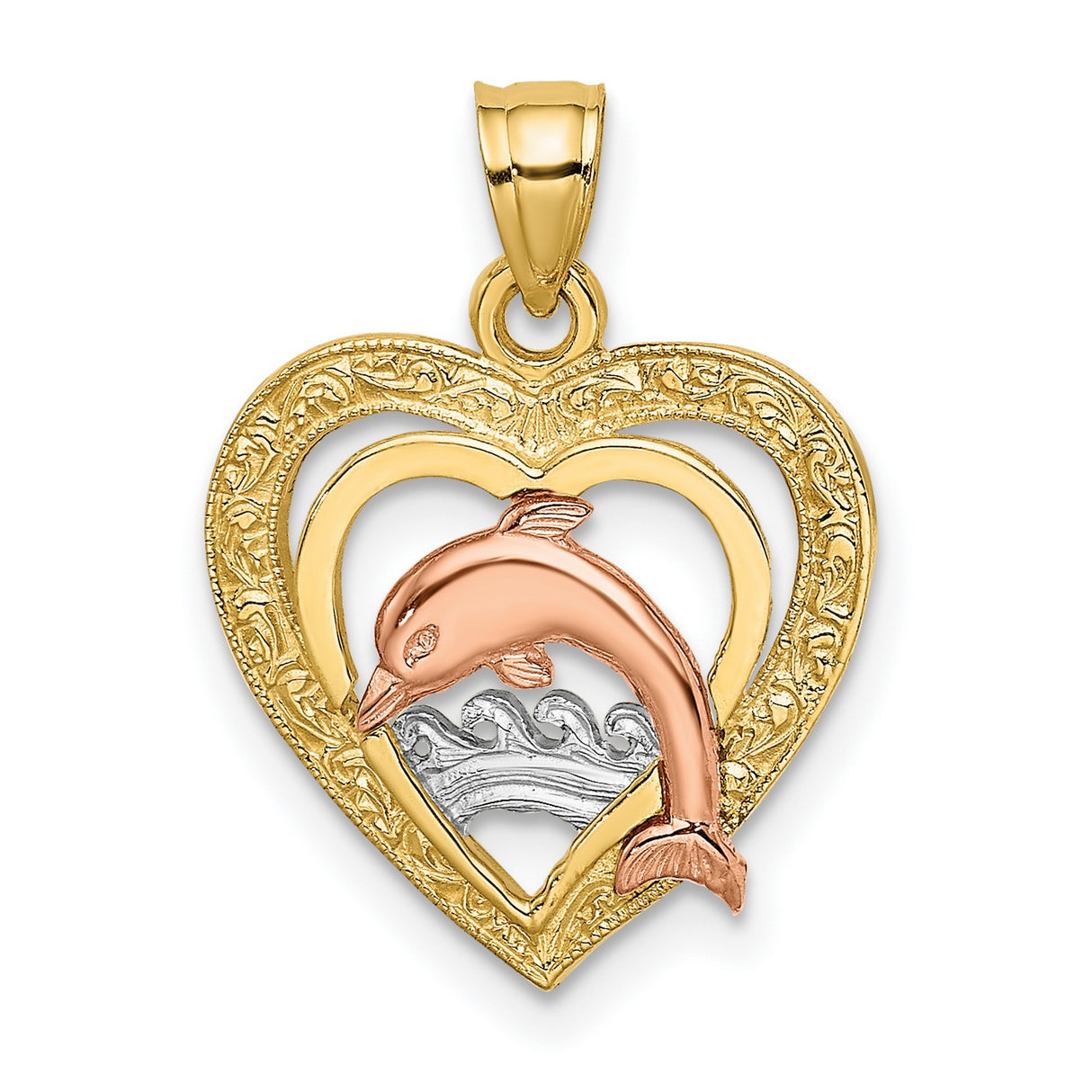14k Two-Tone Gold Dolphin Pendant with Heart and Ocean Wave Design for Women