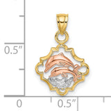 14k Two-Tone Gold Dolphin Pendant with Rose Gold Dolphins and White Gold Waves, Ocean Theme Charm