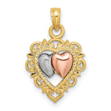 14k Two-Tone Gold Heart Pendant with Rose and White Double Heart Filigree Design