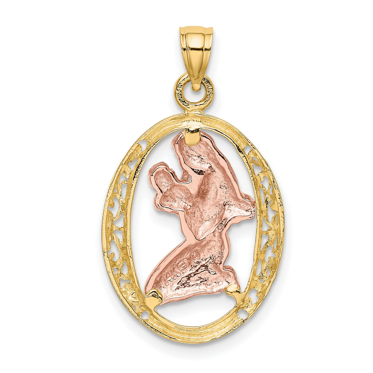14k Two-Tone Gold Pendant with Kneeling Mother and Infant in Floral Oval Frame