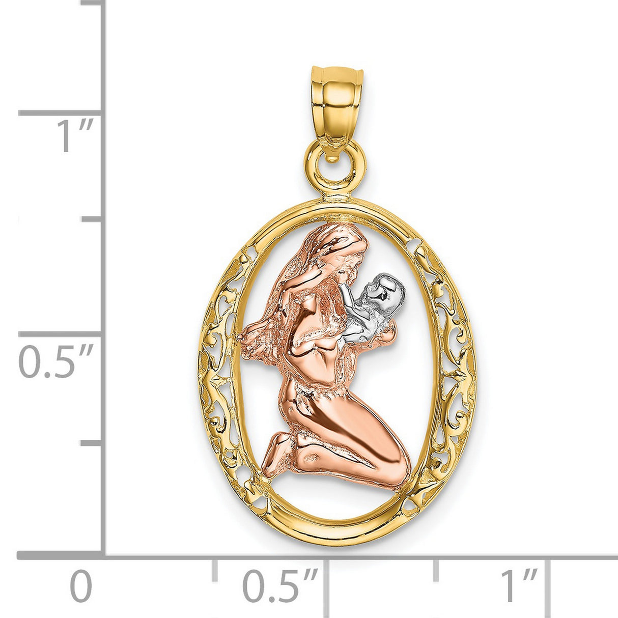 14k Two-Tone Gold Pendant with Kneeling Mother and Infant in Floral Oval Frame