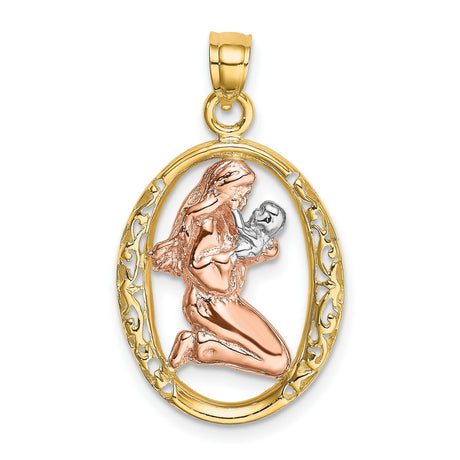 14k Two-Tone Gold Pendant with Kneeling Mother and Infant in Floral Oval Frame