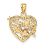 #1 Grandma Words With Rose And Leaf On Heart Shaped Charm Pendant in Real 14k Multi-Tone Gold