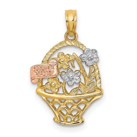14k Two-Tone Gold Pendant, Floral Basket Design with I Love You Message