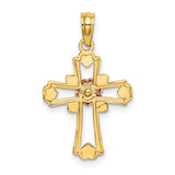 Cross with Flower and Heart Charm Pendant in Real 14k Multi-Tone Gold