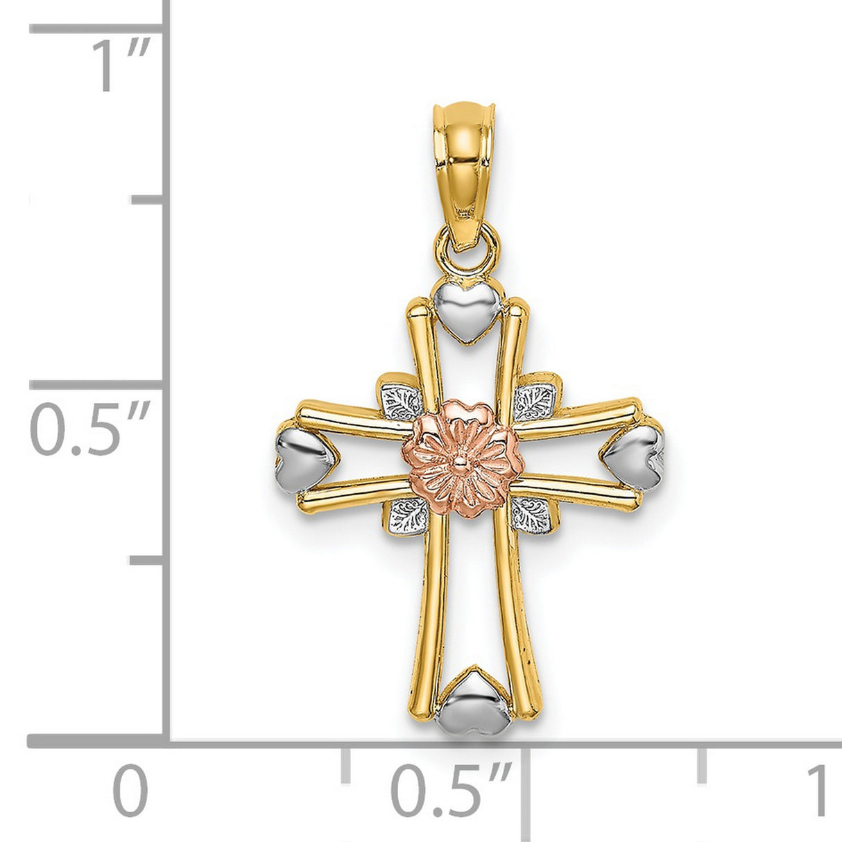 Cross with Flower and Heart Charm Pendant in Real 14k Multi-Tone Gold