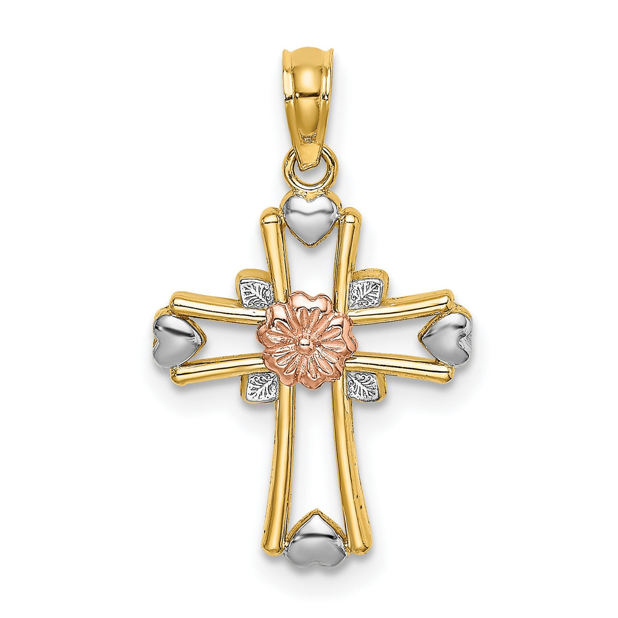 Cross with Flower and Heart Charm Pendant in Real 14k Multi-Tone Gold