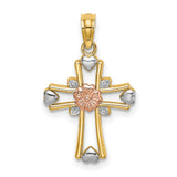 Cross with Flower and Heart Charm Pendant in Real 14k Multi-Tone Gold