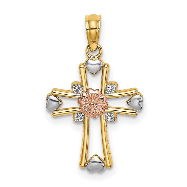Cross with Flower and Heart Charm Pendant in Real 14k Multi-Tone Gold