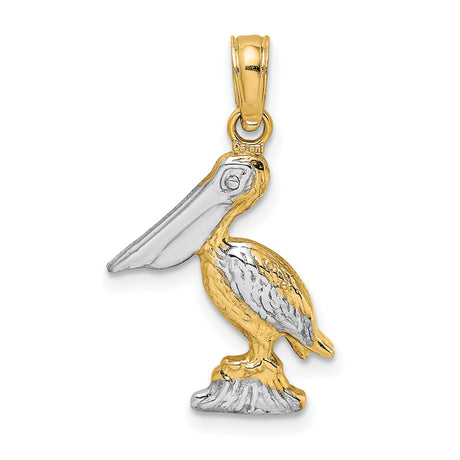 14k Yellow Gold Two-Tone Pelican Pendant, Detailed Bird on Rock, Nautical Coastal Theme
