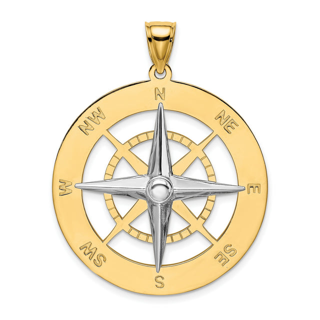 14k Two-Tone Gold Compass Pendant with Cardinal Points, Nautical Travel Charm