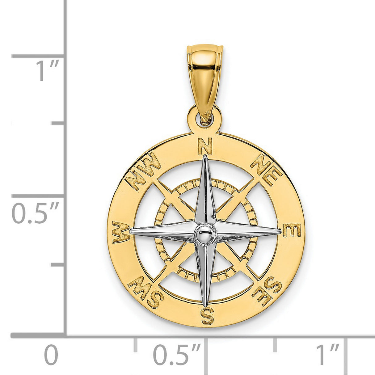14k Two-Tone Gold Compass Pendant with North South East West Design, Nautical Charm for Men and Women