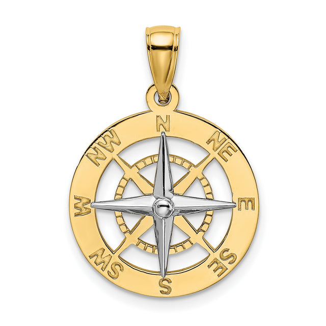 14k Two-Tone Gold Compass Pendant with North South East West Design, Nautical Charm for Men and Women