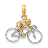 14k Two-Tone Gold Cyclist Pendant with Rider on Racing Bicycle, Sports Charm for Men or Women