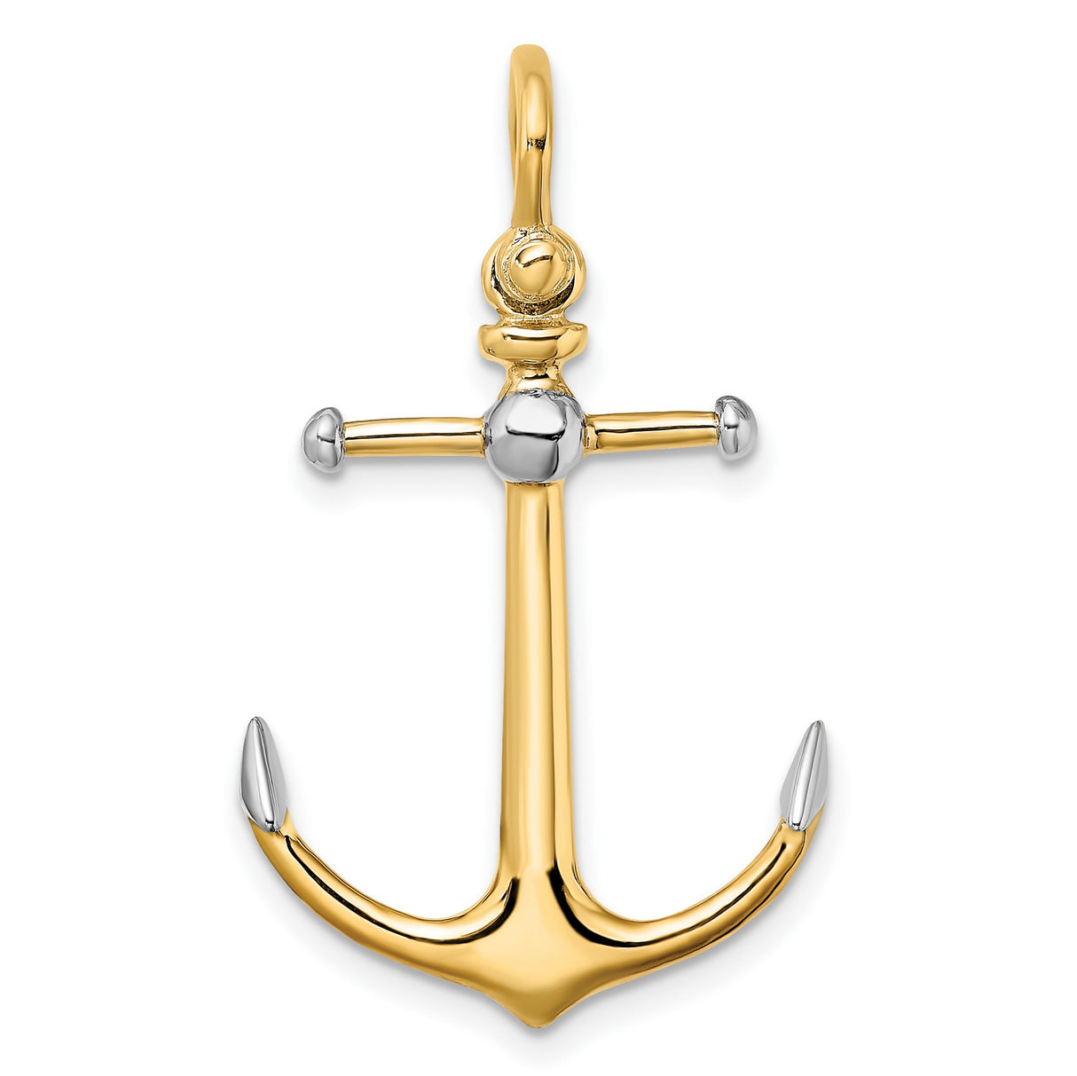14k Yellow Gold Anchor Pendant with Rhodium Accents, Two-Tone Nautical Design for Men or Unisex Wear