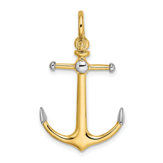 14k Yellow Gold Anchor Pendant with Rhodium Accents, Two-Tone Nautical Design for Men or Unisex Wear