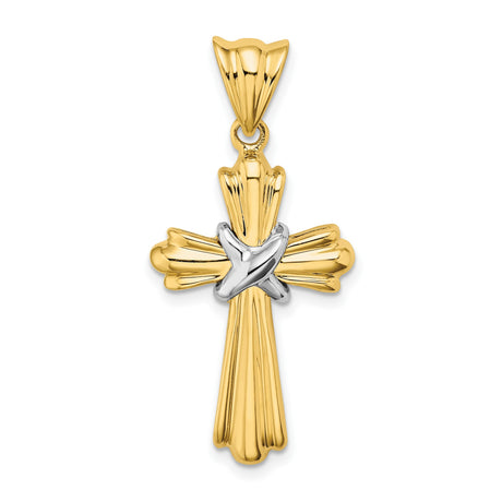 14k Yellow and White Gold Cross Pendant with Flared Edge and Textured Design